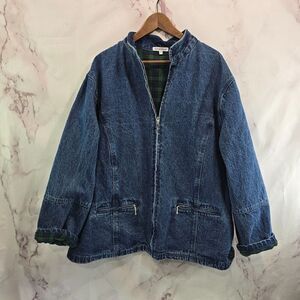 Vintage Denim Jacket Womns 3X Jean 80s 90s Flannel Lined Green Plaid Dark Medium